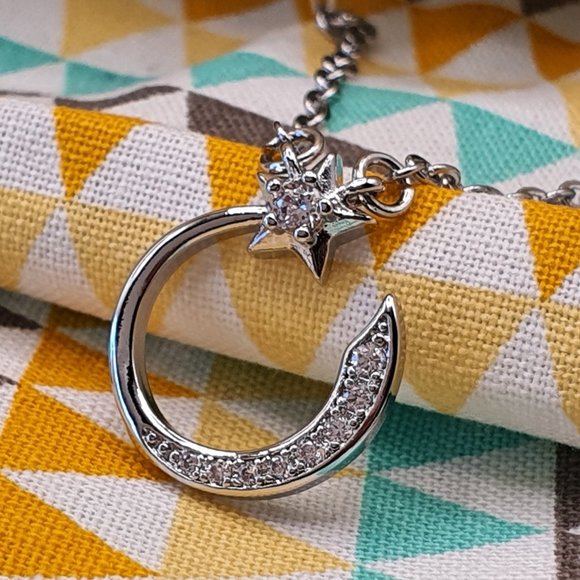 Crystal Shiny Micro Pave Moon Star Silver Trendy Necklace for Women, INDN8646 - Picture 3 of 6